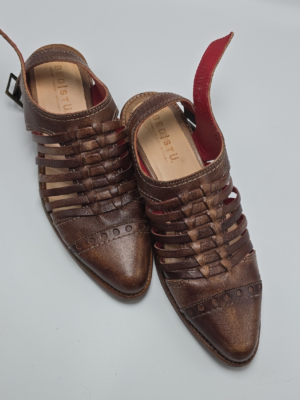 BED|STU Brown Leather Woven Pointed-Toe Mules with Red Lining